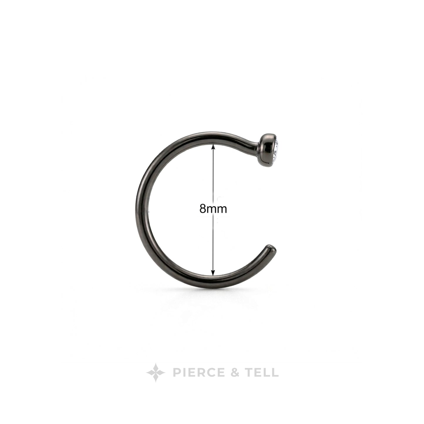 A single black metal C-shaped piercing ring shown on a white background with a vertical dimension marker indicating 8mm width. The brand name 'PIERCE & TELL' appears at the bottom.