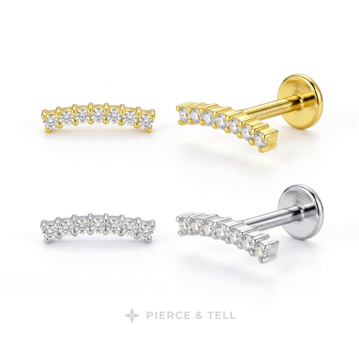 Four curved barbell-shaped stud earrings shown on a clean white background, with two yellow gold options and two silver options, each with clear gemstones. The brand name 'PIERCE & TELL' appears at the bottom.