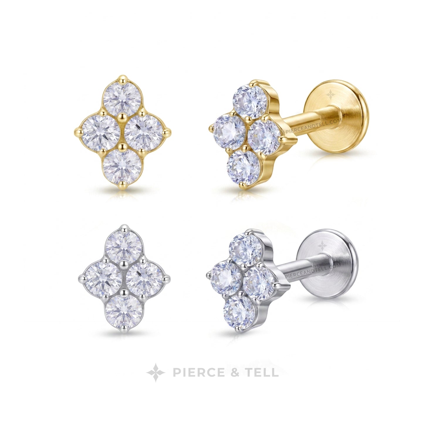Two flower-shaped stud earrings on a white background, one in yellow gold and one in silver. Each earring has five clear gemstones, with the center of the gold earring filled with a gold bead and the center of the silver earring filled with a silver bead.