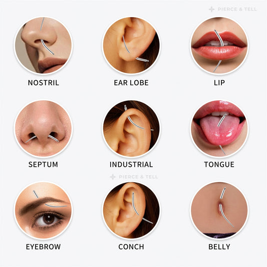 A 3x3 grid showing nine circular close-up examples of curved piercing tool taper guidepiercings placed on different body parts, including nostril, ear lobe, lip, septum, industrial ear, tongue, eyebrow, conch, and belly. Small text labels identify each location, with a faint 'Pierce & Tell' mark in the top right and center.