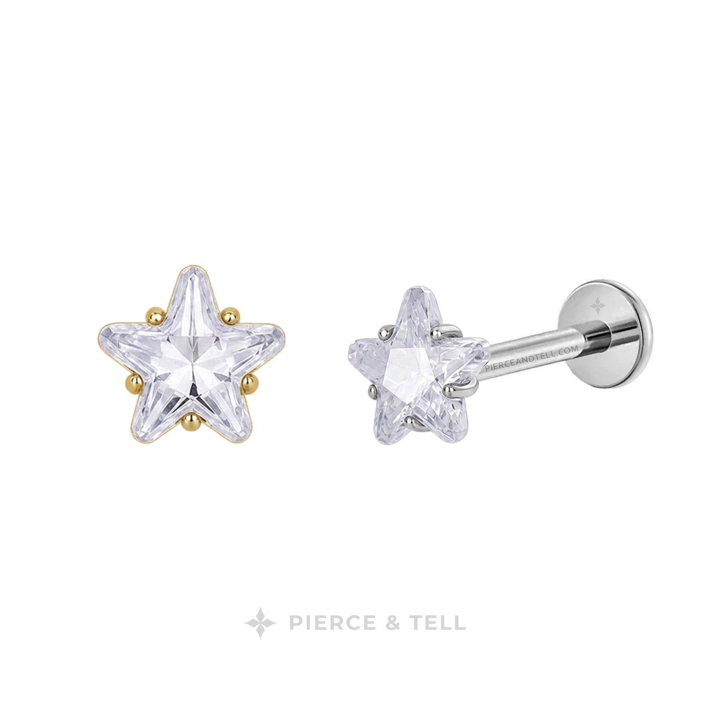 Star-shaped stud earrings with clear faceted crystals and small gold accent beads, shown on a white background with the brand name PIERCE & TELL below.