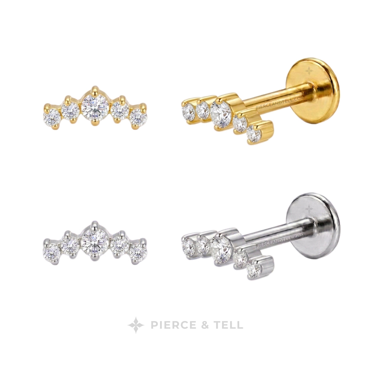 Four stud earrings shown on a white background: two gold-toned and two silver-toned, each with a curved row of clear gemstones. The brand name PIERCE & TELL appears below.