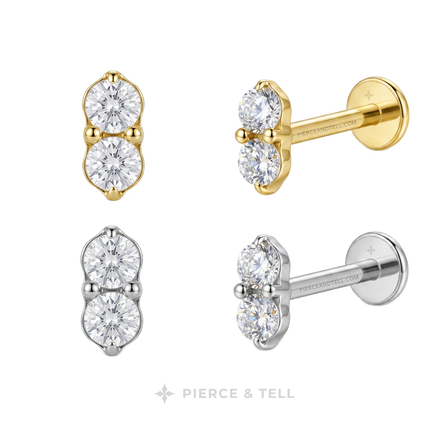 Four stud earrings shown on a white background, each in a different metal finish: yellow gold, white gold, silver, and platinum. Each earring features two round clear gemstones in a prong setting.