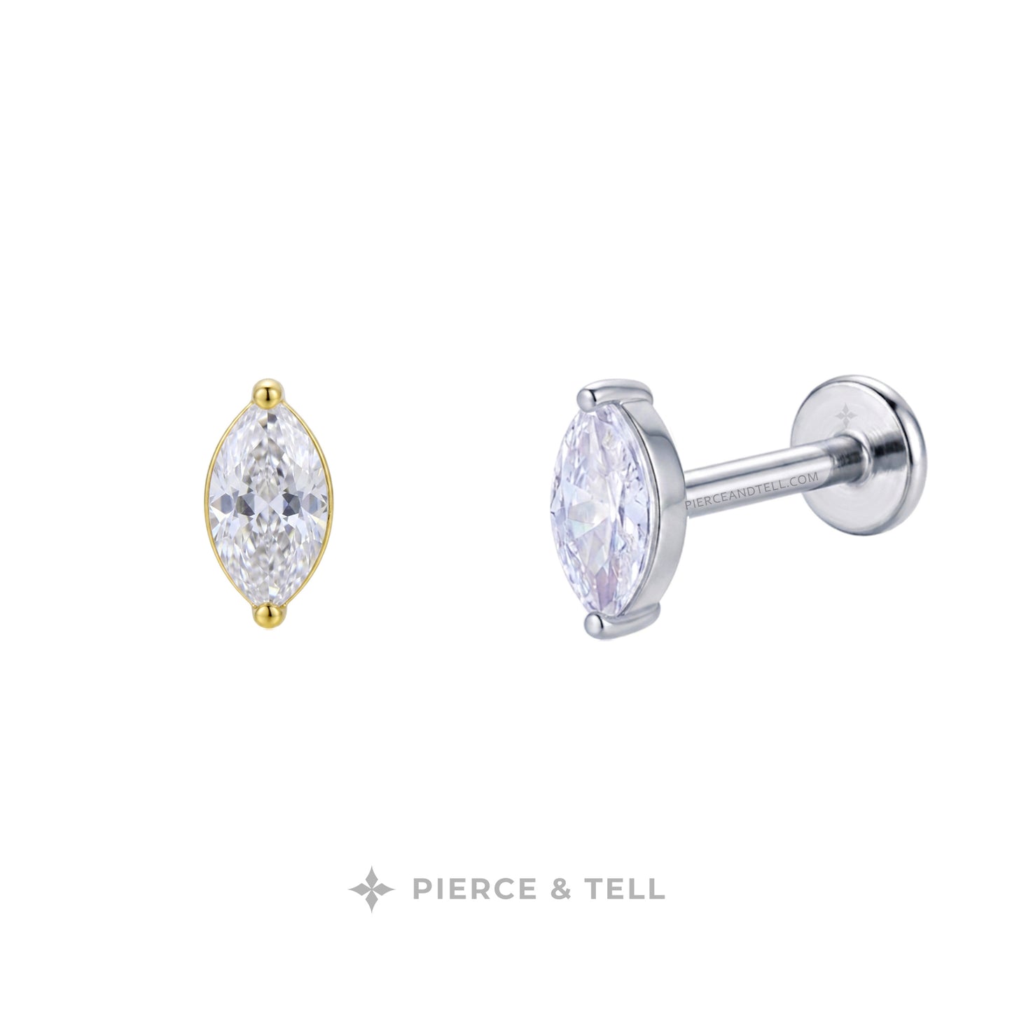 Two marquise-shaped stud earrings on a white background, one in yellow gold and one in silver, with the brand name PIERCE & TELL below.