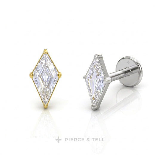 Two diamond stud earrings on a white reflective background, one in yellow gold and one in silver. One earring is shown front-facing, displaying the marquise-cut diamond and gold prongs, while the other is shown in side profile, displaying the silver post and backing.