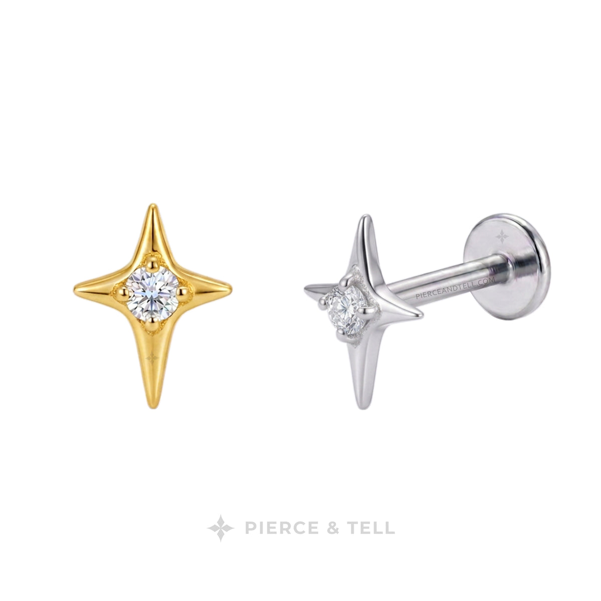 Two star-shaped stud earrings with round-cut clear gemstones, shown on a white background. One earring is yellow gold, and the other is silver with a post and flat back.