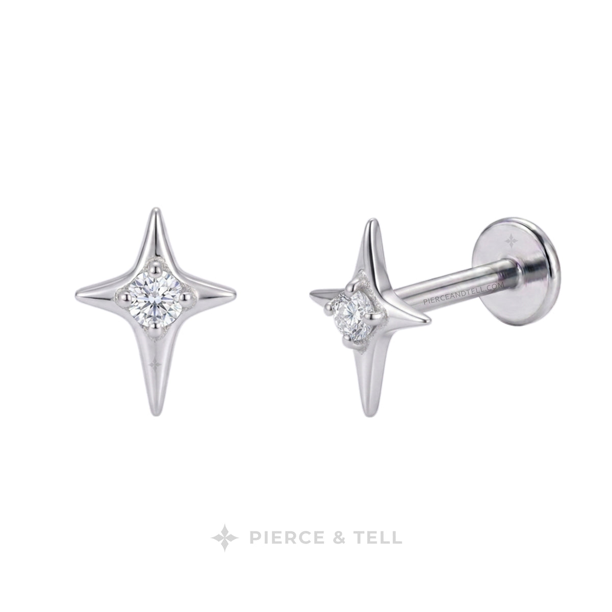 Silver titanium stud for ear piercing and stack made of star shape with 4 corners and a small diamond in center with pierce & tell logo