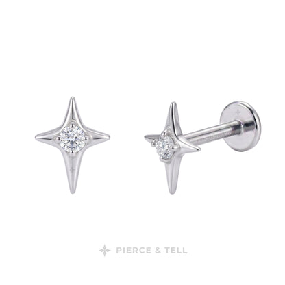 Silver titanium stud for ear piercing and stack made of star shape with 4 corners and a small diamond in center with pierce & tell logo