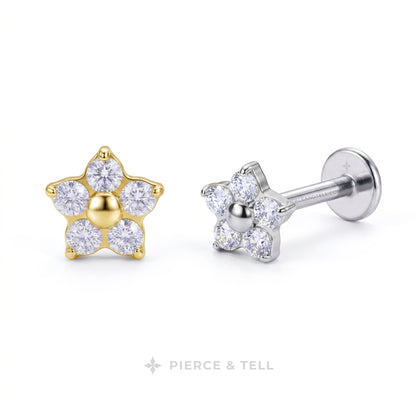 Two flower-shaped stud earrings on a white background, one in yellow gold and one in silver. Each earring has five clear gemstones, with the center of the gold earring filled with a gold bead and the center of the silver earring filled with a silver bead.