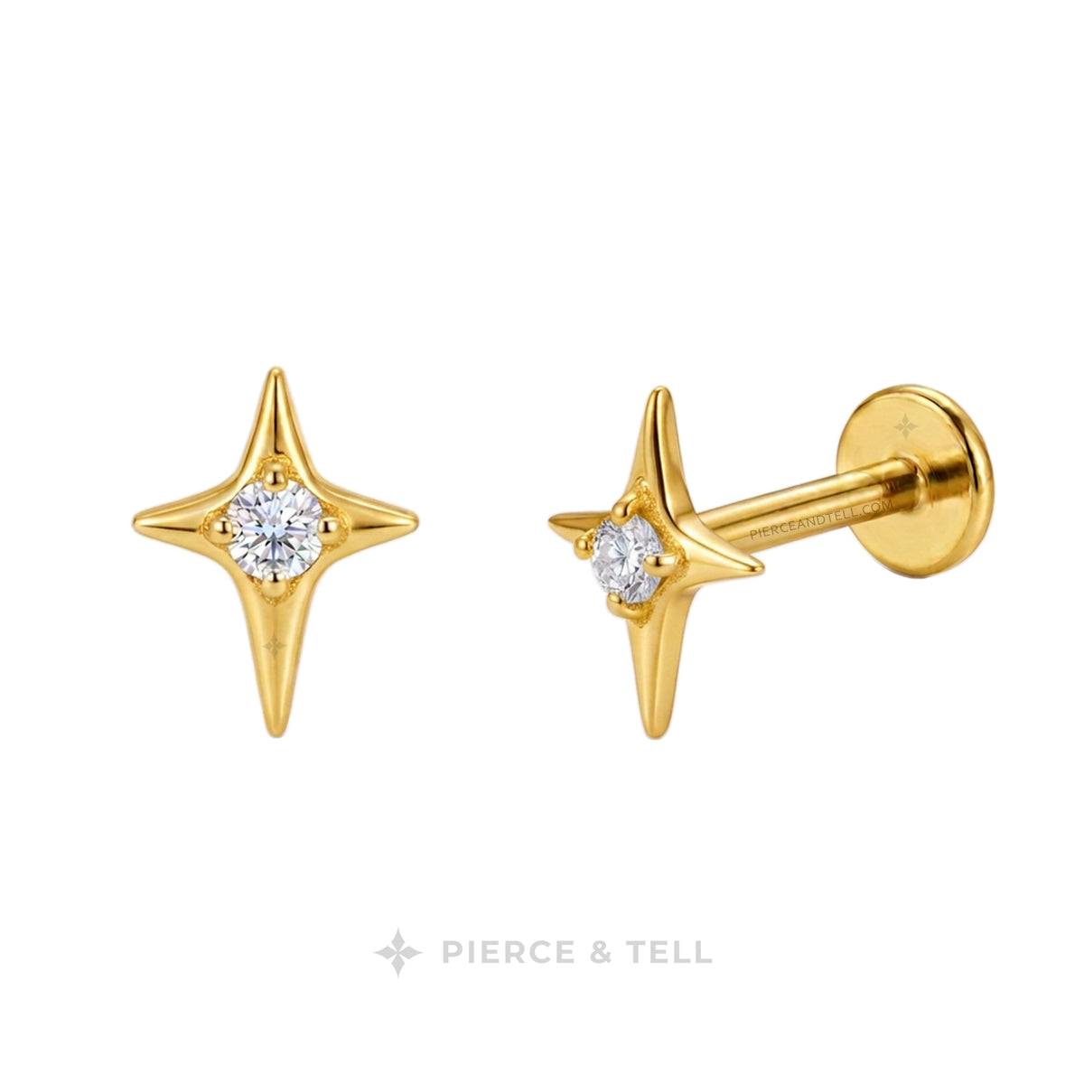 Gold titanium stud for ear piercing and stack made of star shape with 4 corners and a small diamond in center with pierce & tell logo