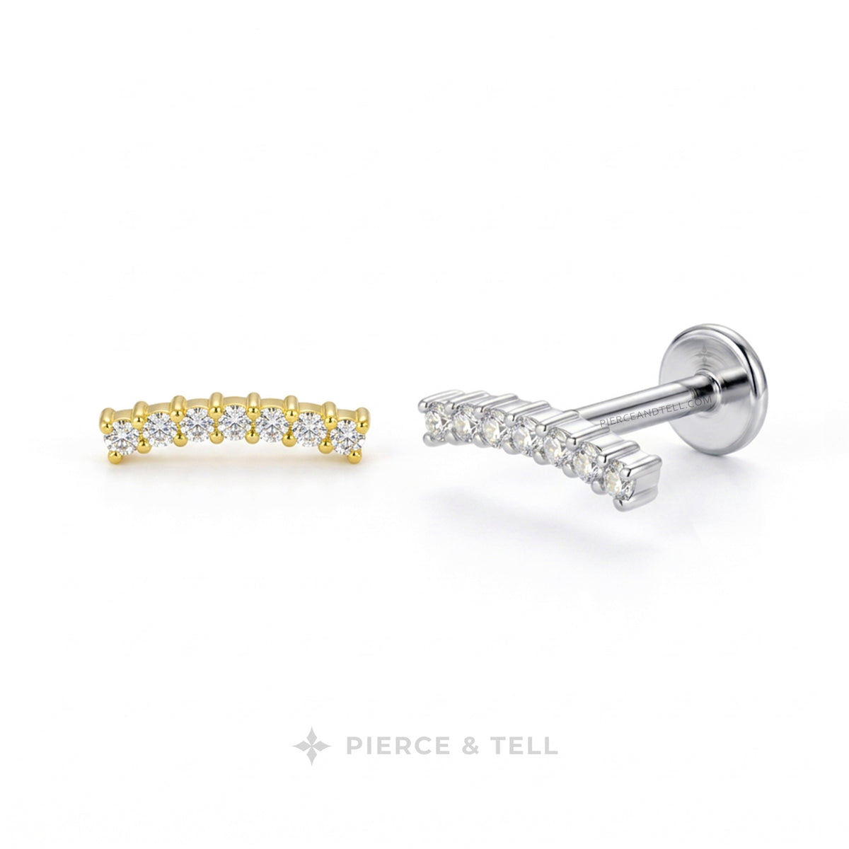 Two small stud earrings on a clean white background: one yellow gold curved row of clear stones and one silver flat row of clear stones, with the brand name PIERCE & TELL below.