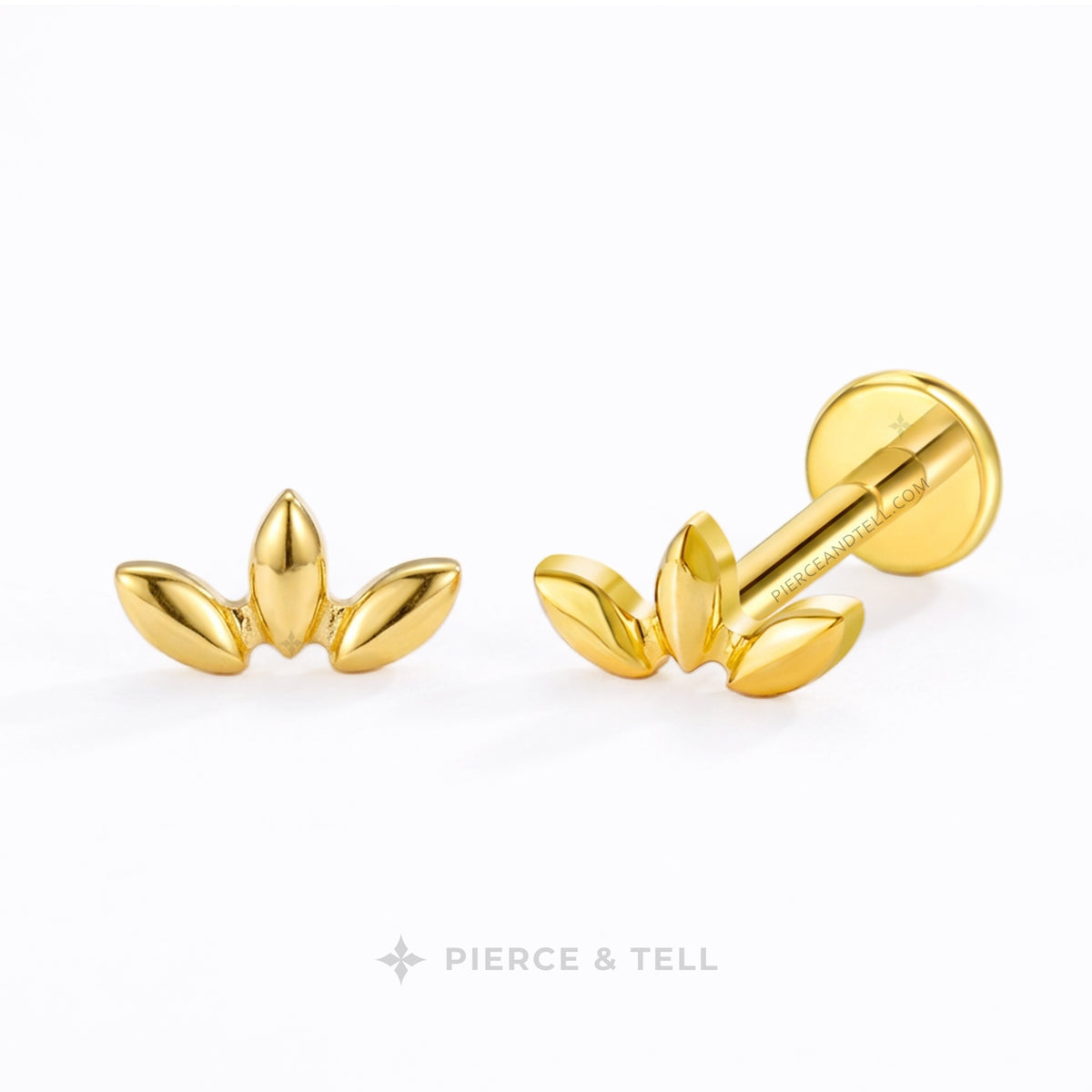 A pair of gold leaf-shaped cufflinks on a clean white background, with one cufflink facing forward and the other turned to show the post and backing. The brand name 'PIERCE & TELL' is printed below.