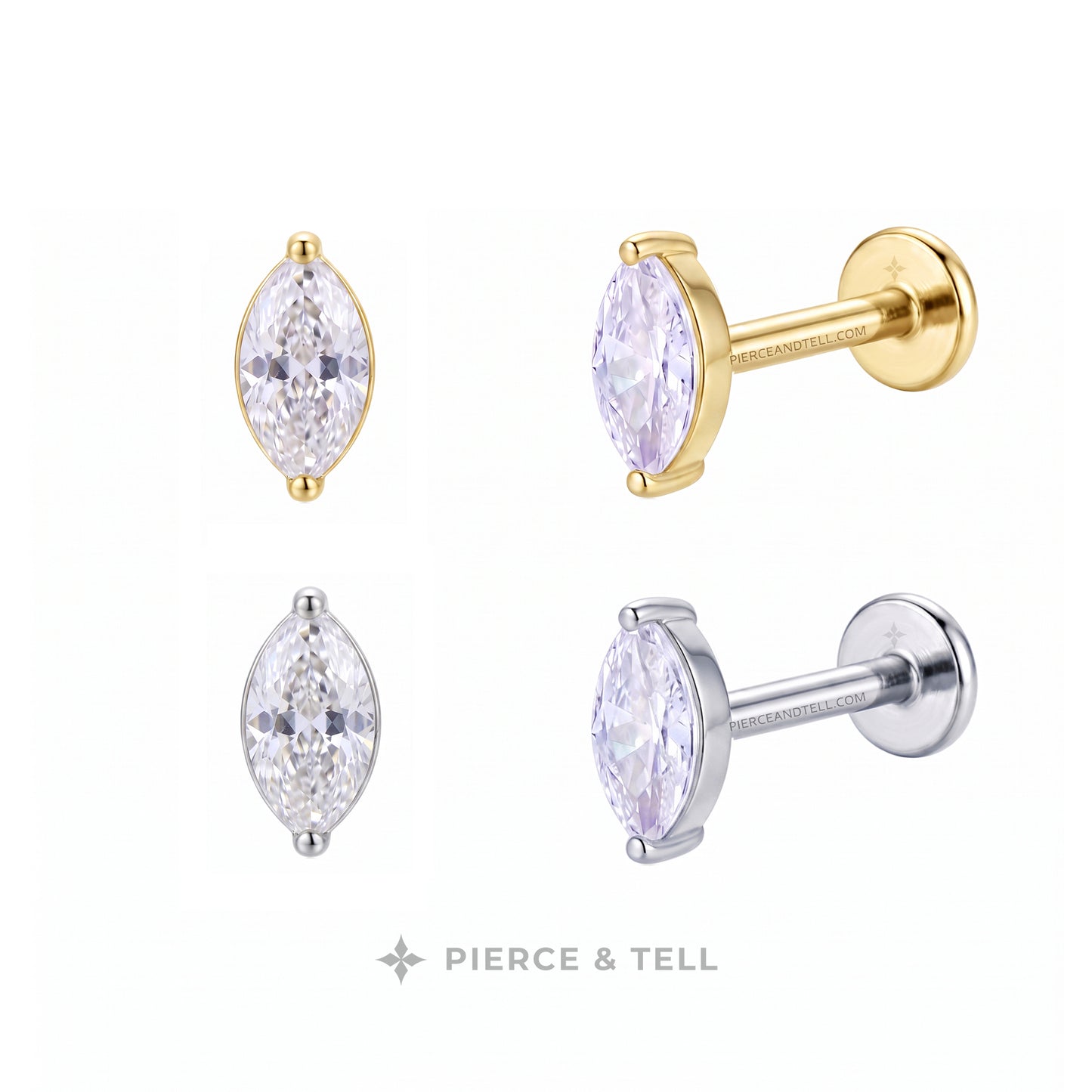 Four marquis-shaped stud earrings with clear marquise-cut gemstones in yellow gold, white gold, and silver-tone settings, shown on a white background with the PIERCE & TELL brand name at the bottom.