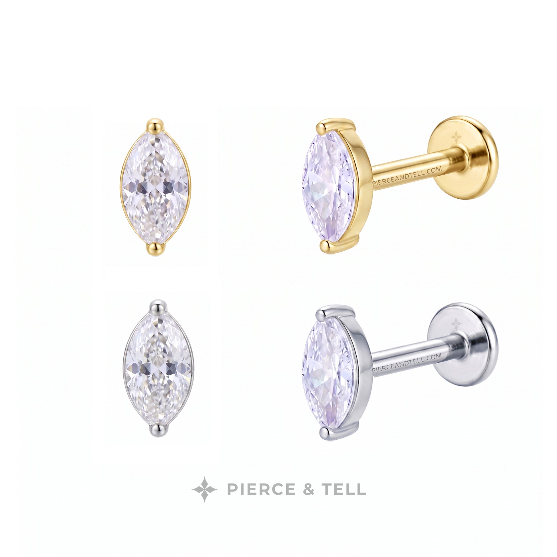 Four marquis-shaped stud earrings with clear marquise-cut gemstones in yellow gold, white gold, and silver-tone settings, shown on a white background with the PIERCE & TELL brand name at the bottom.
