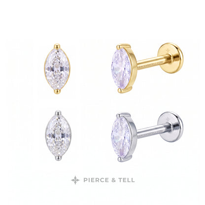 Four marquis-shaped stud earrings with clear marquise-cut gemstones in yellow gold, white gold, and silver-tone settings, shown on a white background with the PIERCE & TELL brand name at the bottom.