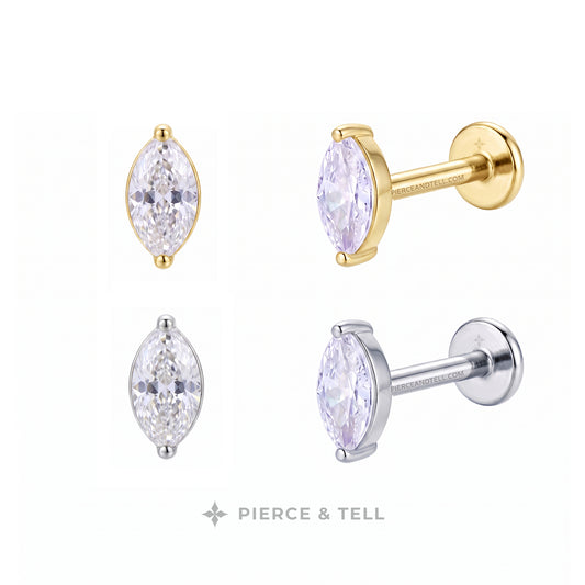Four marquis-shaped stud earrings with clear marquise-cut gemstones in yellow gold, white gold, and silver-tone settings, shown on a white background with the PIERCE & TELL brand name at the bottom.