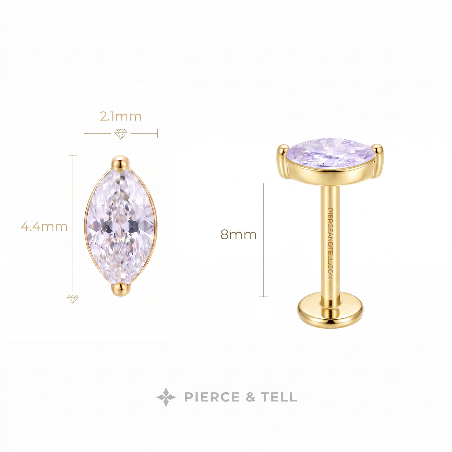 Gold-tone stud earrings shown on a white background with dimension callouts: one earring displays a marquise-cut clear stone (2.1mm wide, 4.