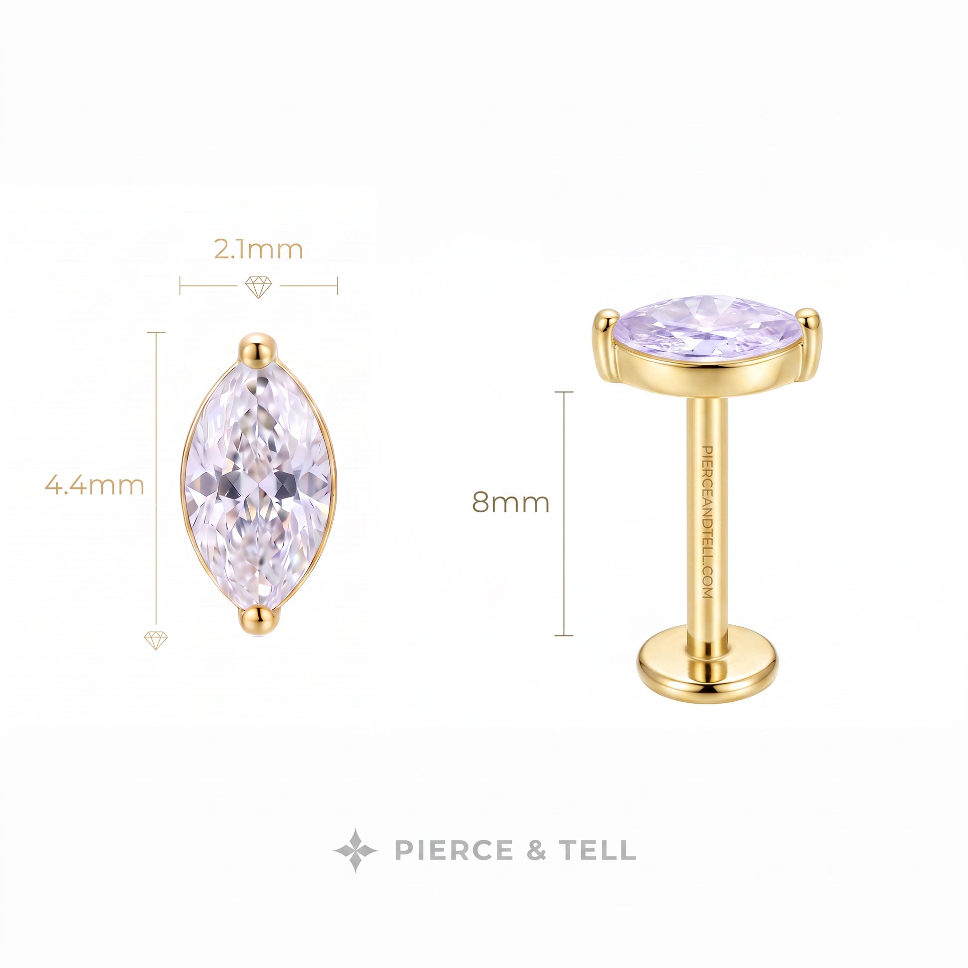 Gold-tone stud earrings shown on a white background with dimension callouts: one earring displays a marquise-cut clear stone (2.1mm wide, 4.