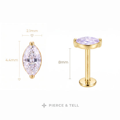 Gold-tone stud earrings shown on a white background with dimension callouts: one earring displays a marquise-cut clear stone (2.1mm wide, 4.