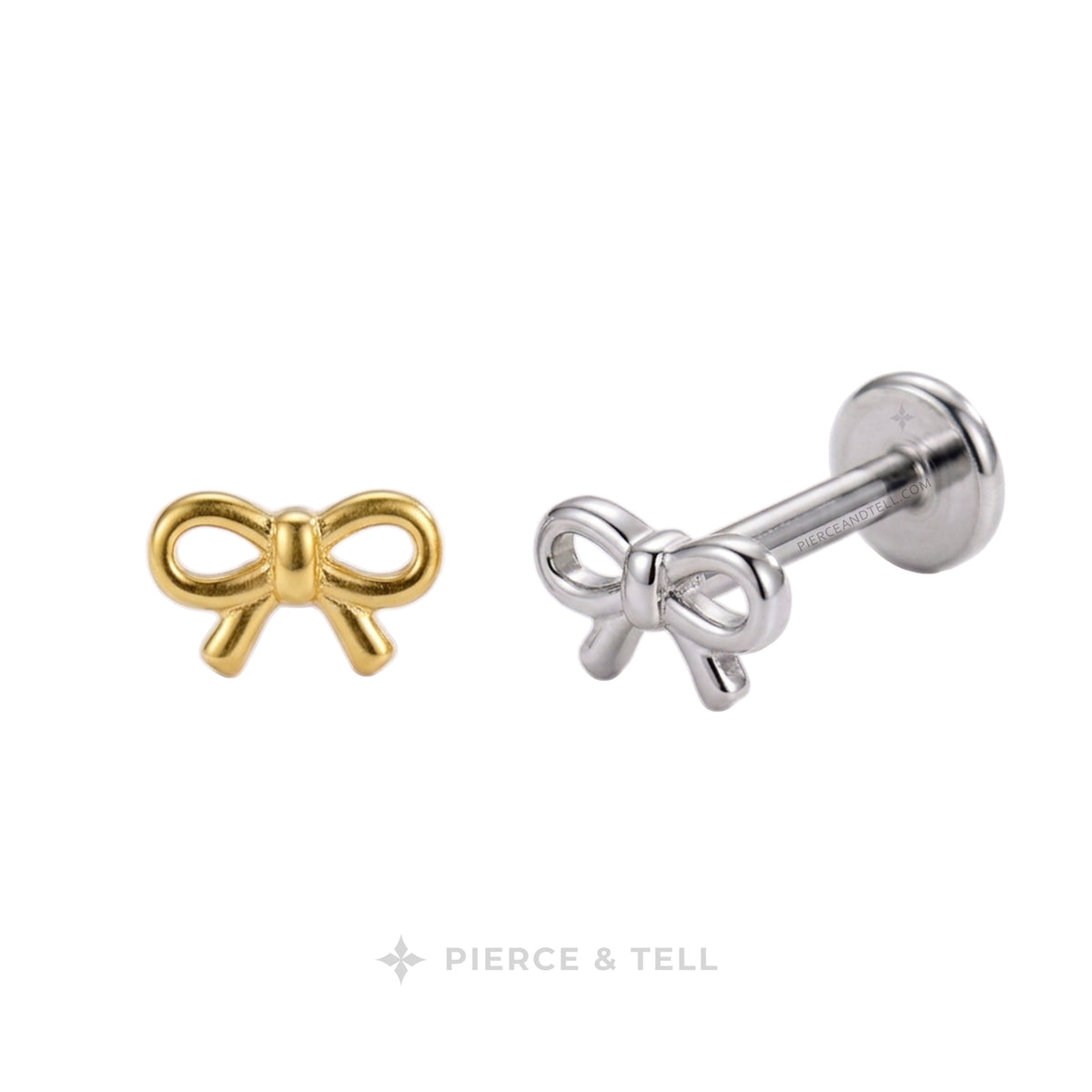 Two small bow-shaped stud earrings on a white background, one in yellow gold and one in silver, with the silver earring shown from the side to display the post and flat back. The brand name 'PIERCE & TELL' is printed at the bottom.