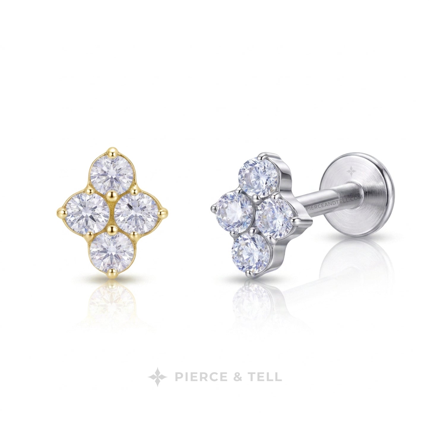 A pair of stud earrings from Pierce & Tell, featuring a yellow gold four-petal cluster with clear round gemstones on the left, and a silver-toned four-petal cluster with clear round gemstones on the right. The earrings are displayed on a clean white background with a soft reflection below.