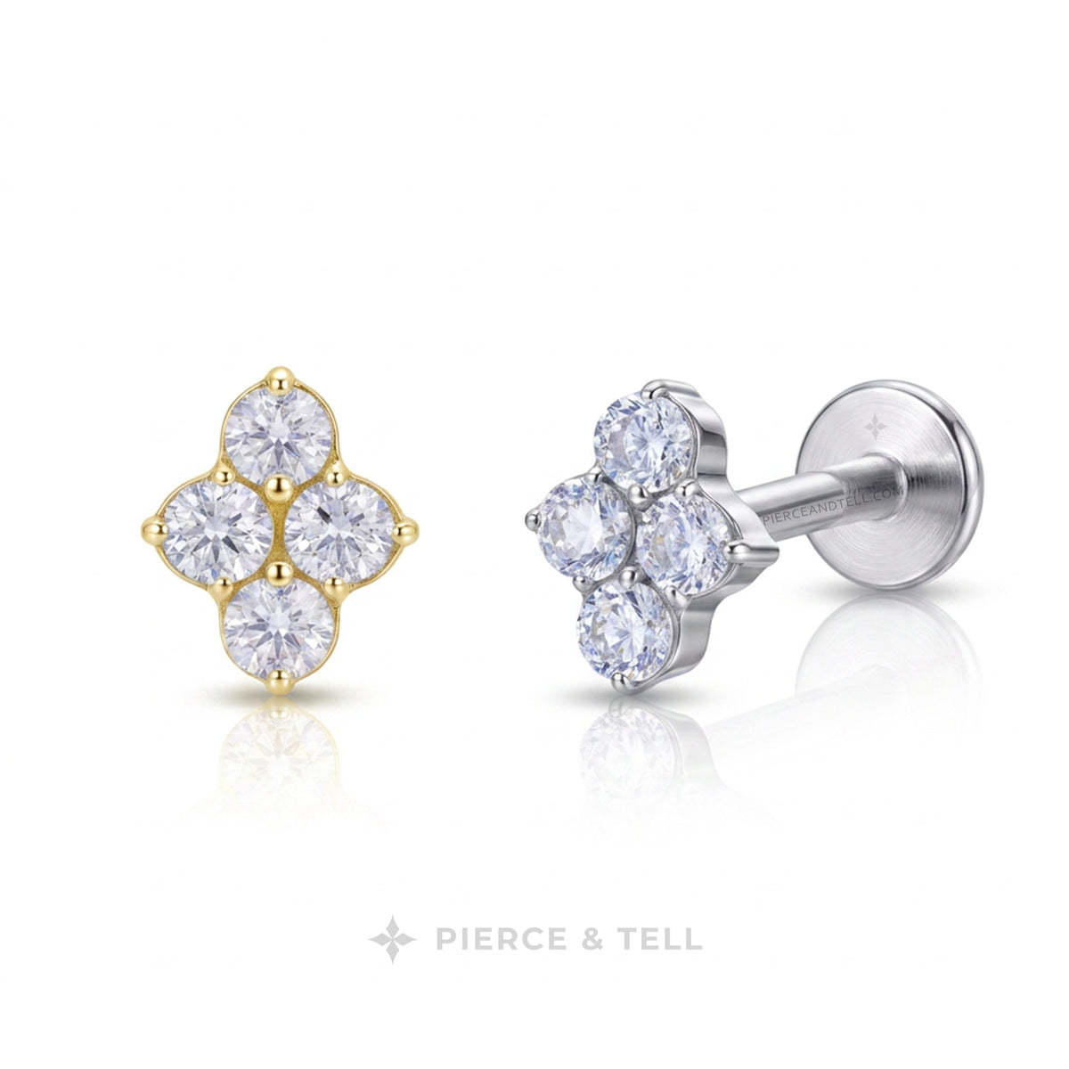 A pair of stud earrings from Pierce & Tell, featuring a yellow gold four-petal cluster with clear round gemstones on the left, and a silver-toned four-petal cluster with clear round gemstones on the right. The earrings are displayed on a clean white background with a soft reflection below.