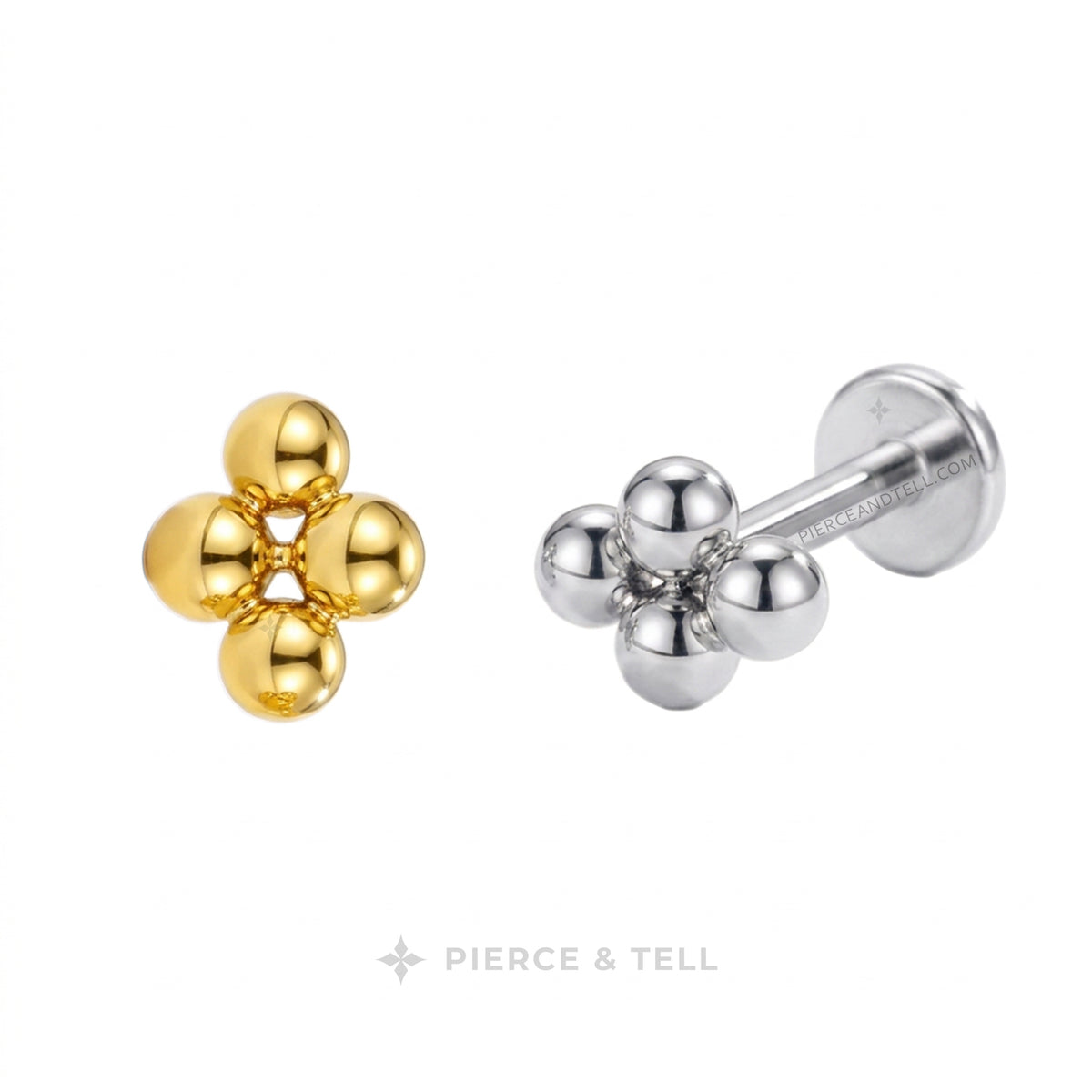 Two small flower-shaped stud earrings on a white background, one in polished yellow gold and one in polished silver. The silver earring is shown from the side/back, revealing a flat-back post and round backing.