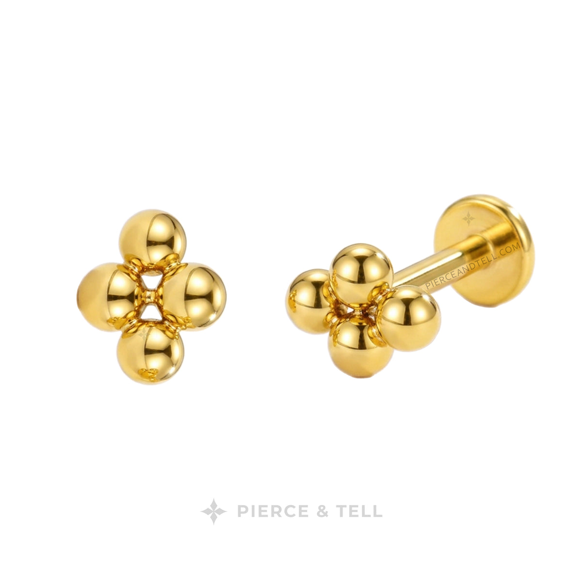 A pair of gold bead stud earrings, shown on a plain white background with the brand name 'PIERCE & TELL' at the bottom.