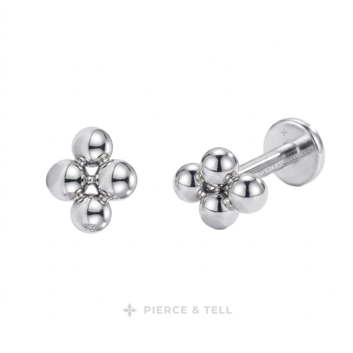 Two small metallic stud earrings on a white background: one gold-tone cluster of three rounded beads and one silver-tone cluster of three rounded beads with a barbell backing. The brand name PIERCE & TELL appears below.