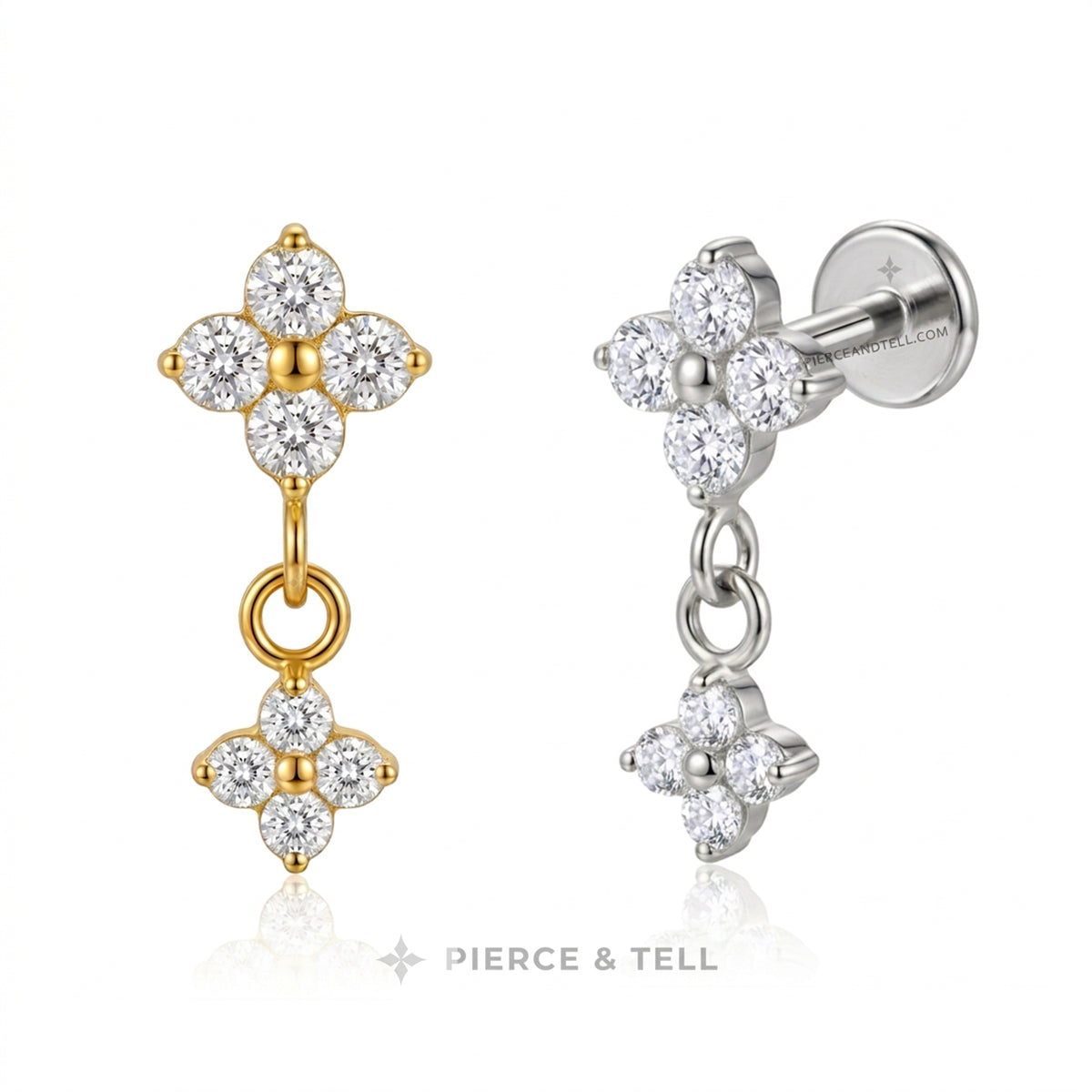 Two pairs of diamond drop earrings shown on a white background, one in yellow gold and one in silver. Each earring features a four-petal flower cluster with a dangling smaller flower motif.
