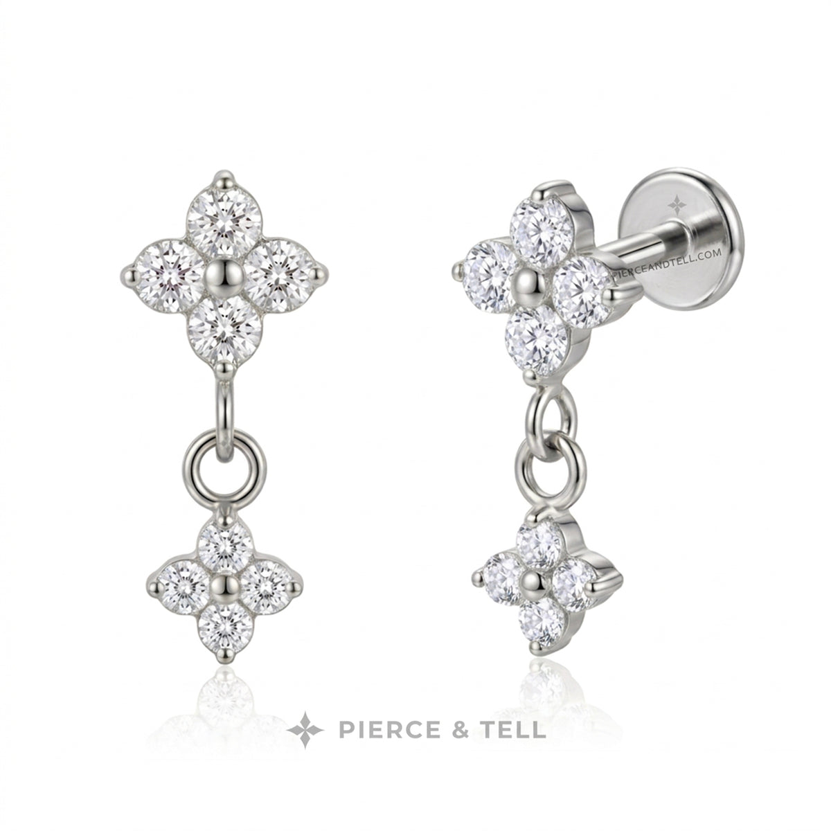 Two flower shape dangle stud earrings on a clean white background: one yellow gold curved row of clear stones and one silver flat row of clear stones, with the brand name PIERCE & TELL below.