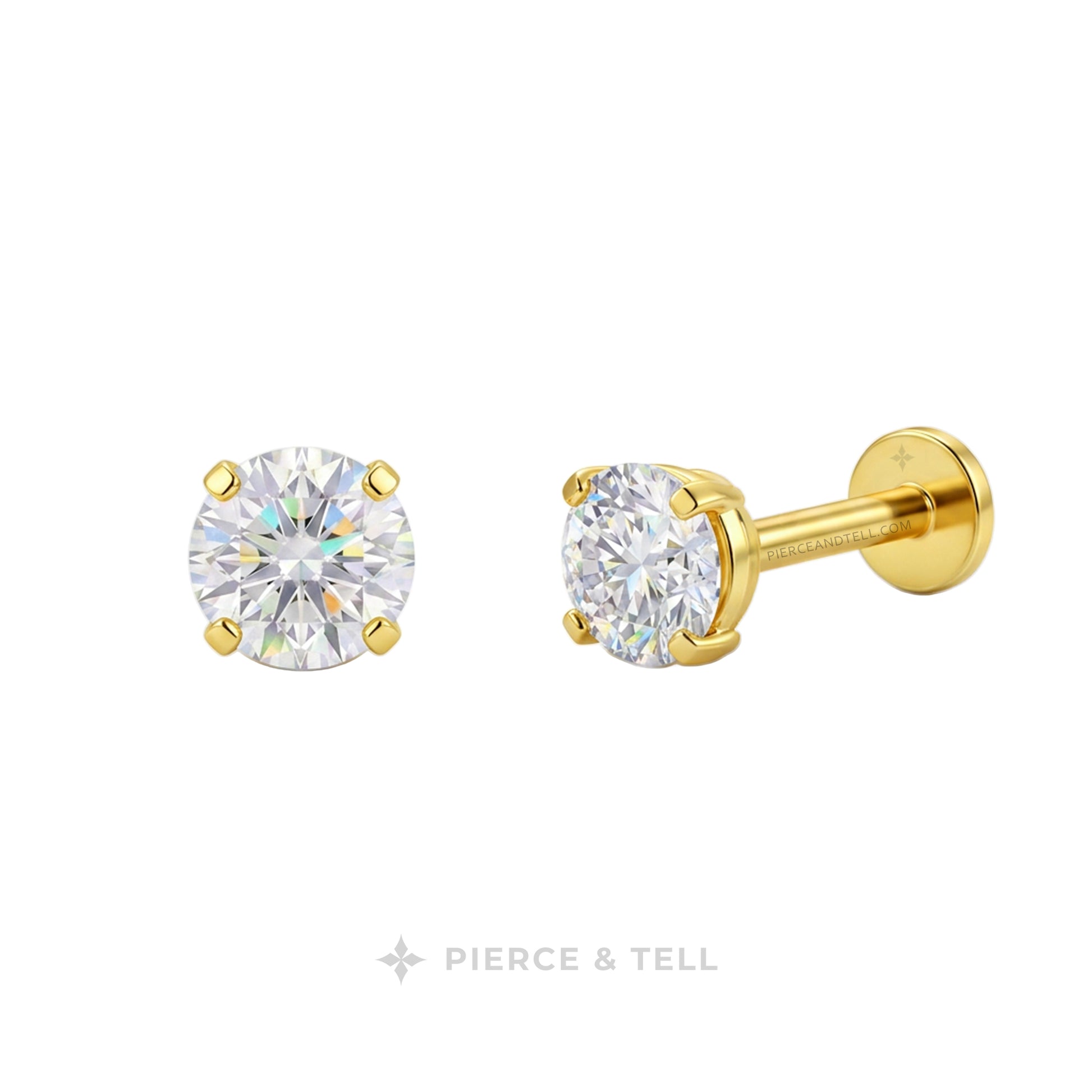 A pair of round-cut diamond stud earrings in yellow gold settings, with one earring shown front-facing and the other angled to show the post and flat back. The brand name 'PIERCE & TELL' is printed below the earrings on a white background.
