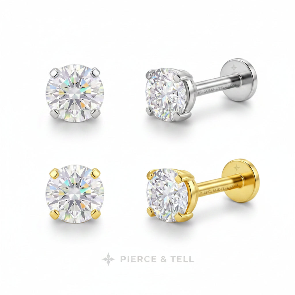 Four stud earrings shown on a white background: two front views and two side views. The studs feature round brilliant-cut clear gemstones in silver and yellow gold settings.