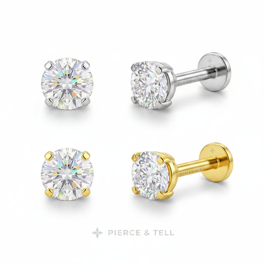 Four stud earrings shown on a white background: two front views and two side views. The studs feature round brilliant-cut clear gemstones in silver and yellow gold settings.
