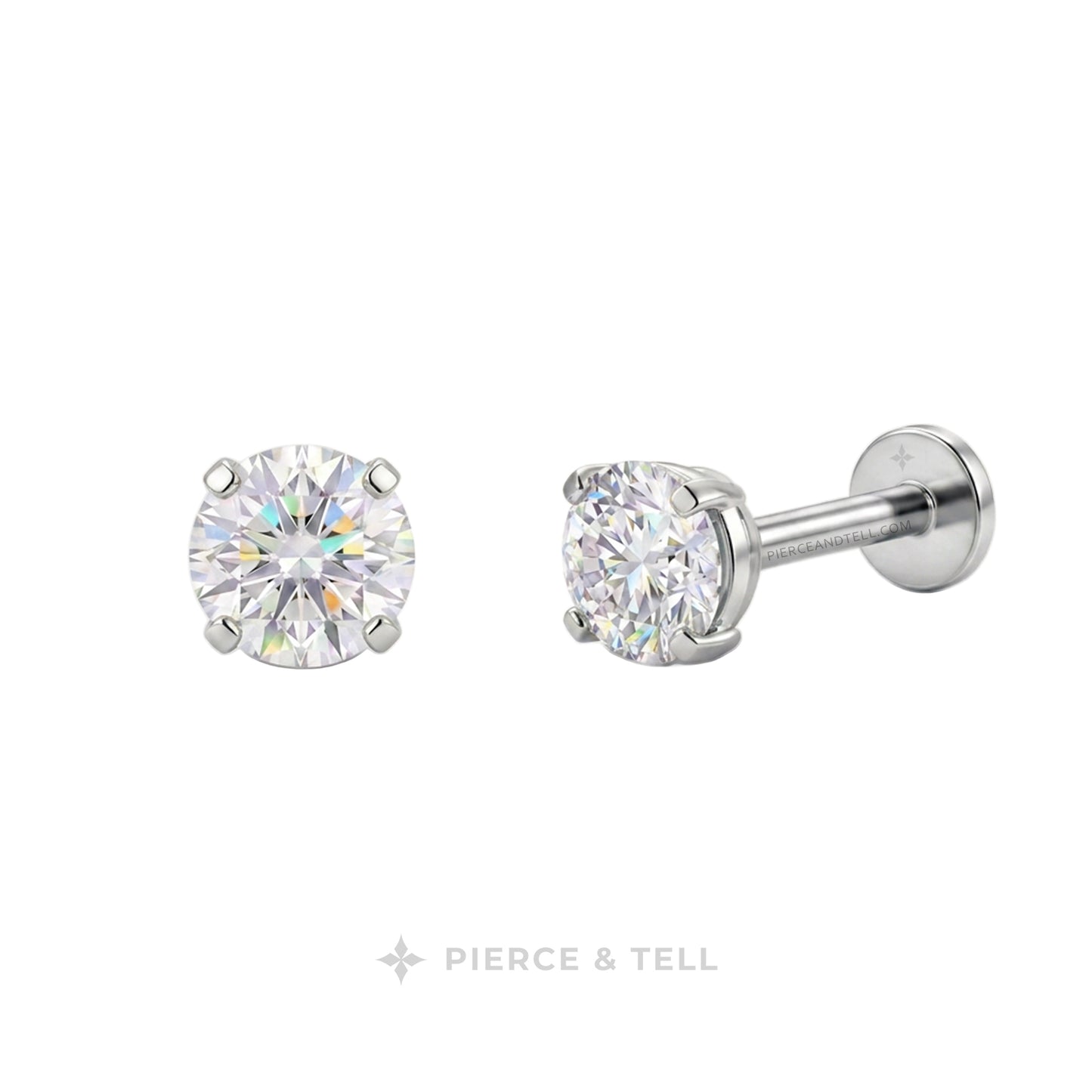 A pair of round-cut diamond stud earrings in a silver-toned setting, with one earring facing forward and the other angled to show the post and backing. The brand name 'PIERCE & TELL' is printed below the earrings on a plain white background.