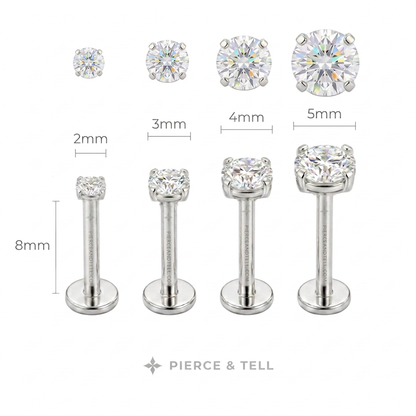 four round-cut stud and labret ear piercings in silver-tone metal with clear gemstones, shown in graduated sizes from 2mm to 5mm width and 8mm depth, with measurement labels and the brand name PIERCE & TELL at the bottom.