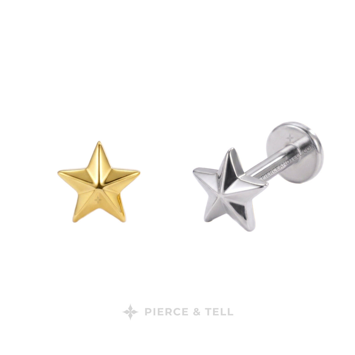 Two star-shaped stud earrings on a white background, one in polished yellow gold and one in polished silver, with the brand name 'PIERCE & TELL' printed below.
