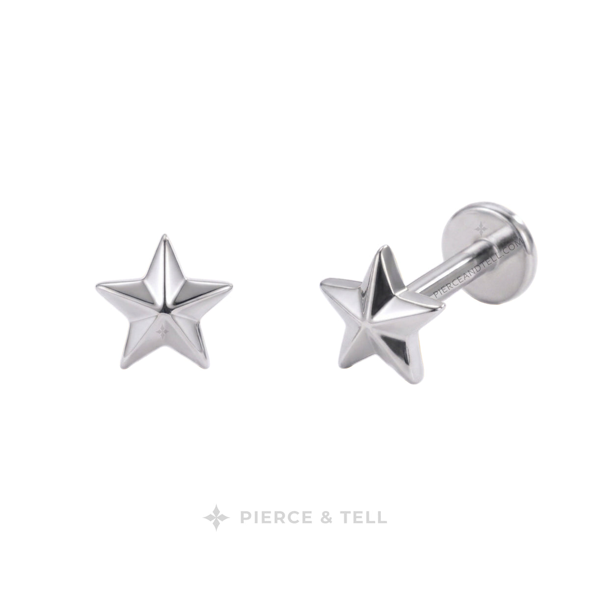 A pair of silver star-shaped labret stud earrings by Pierce & Tell, shown on a clean white background with one earring facing forward and the other angled to show the post and backing.