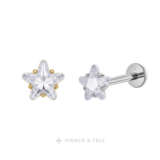 Star-shaped stud earrings with clear faceted crystals and small gold accent beads, shown on a white background with the brand name PIERCE & TELL below.