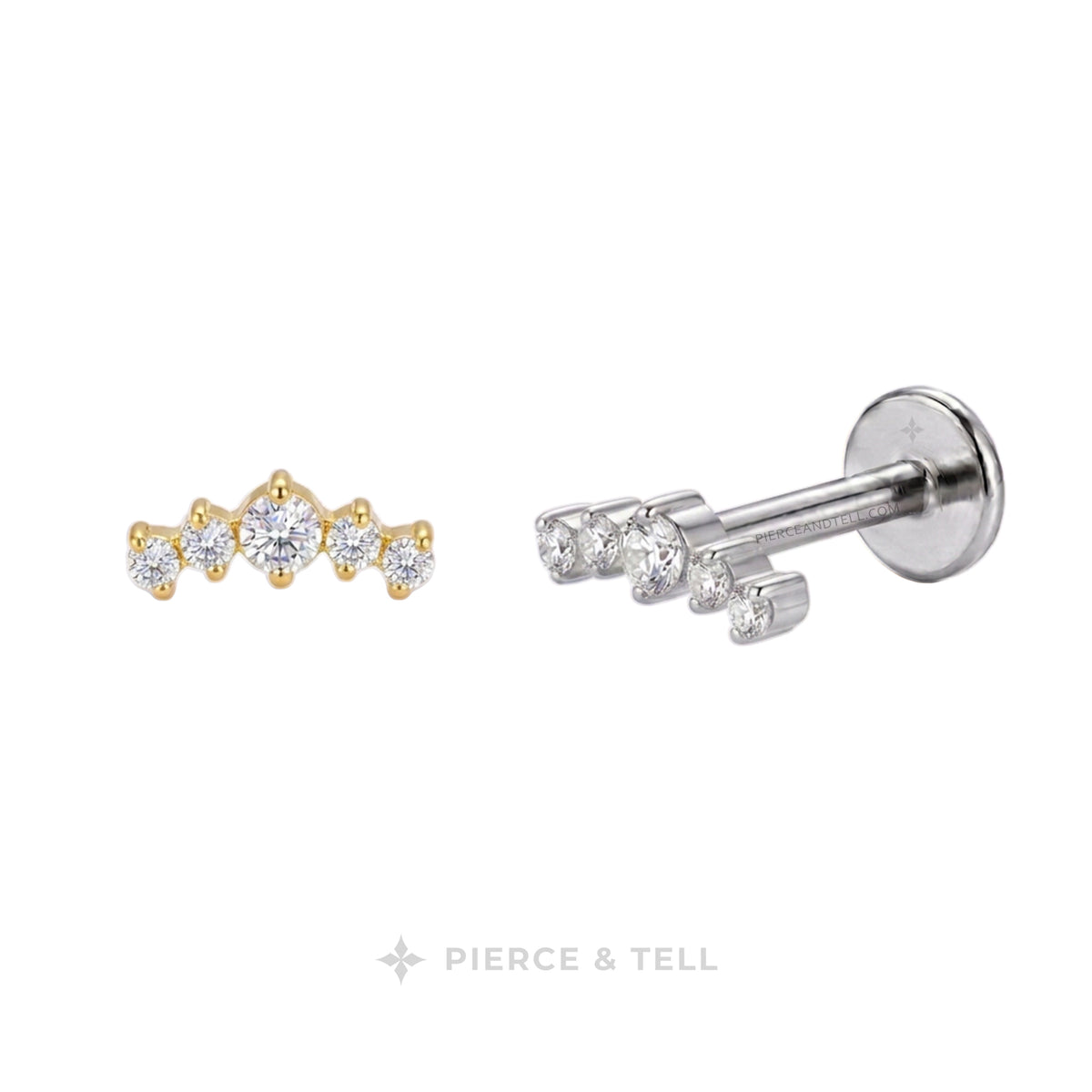 cluster of 5 diamonds piercing studs with gold and silver color. has pierce and tell logo india