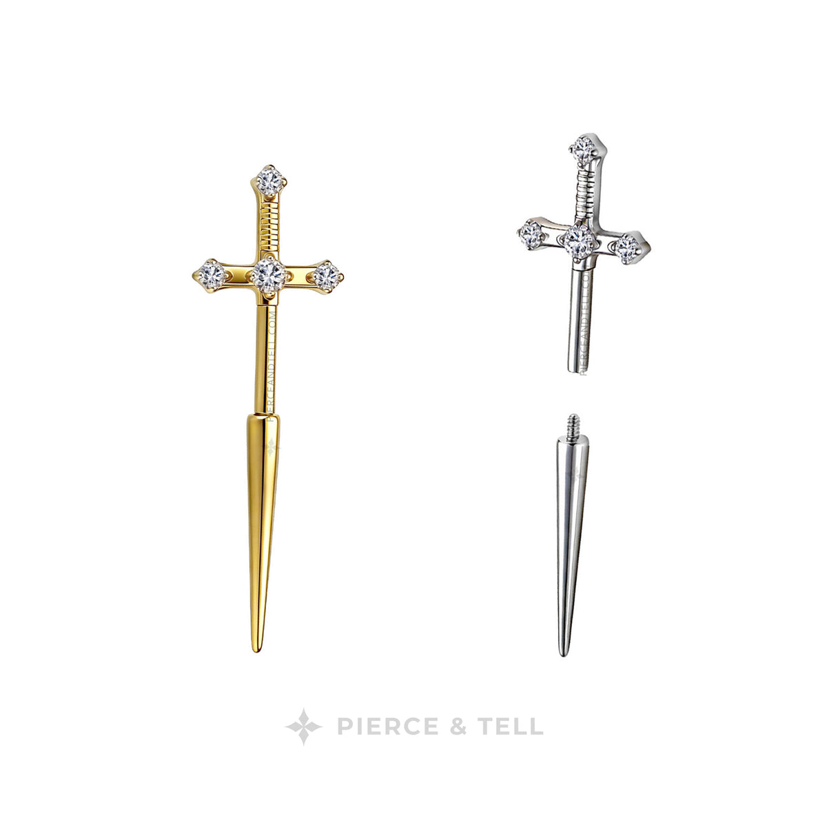 Two cross-shaped earrings with spear shafts on a white background, one in yellow gold and one in silver, with the silver earring separated into its cross and spear components. The brand name 'PIERCE & TELL' is printed at the bottom.