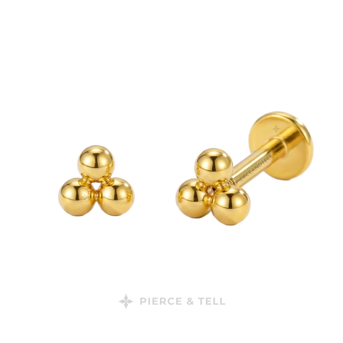 Gold triple-bubble stud earrings shown on a clean white background, with one earring facing forward and the other angled to show the post and flat back. The brand name 'PIERCE & TELL' is printed at the bottom.