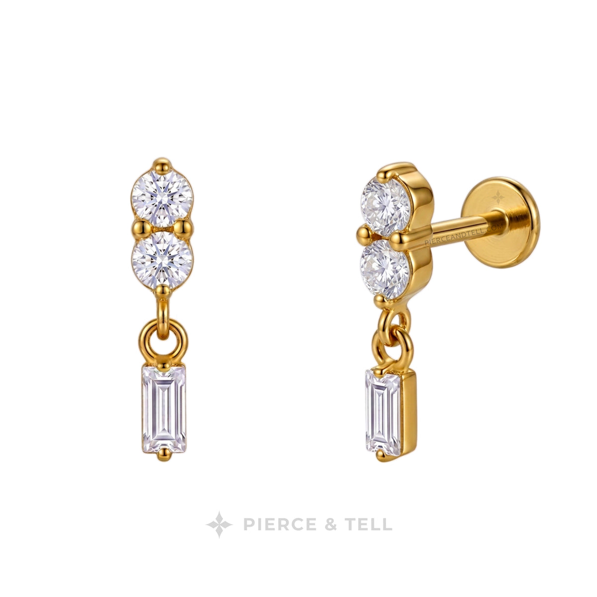 A pair of gold drop earrings with two round clear stones at the top, a small gold chain, and a rectangular baguette-cut clear stone dangling below, shown on a white background with the PIERCE & TELL logo.