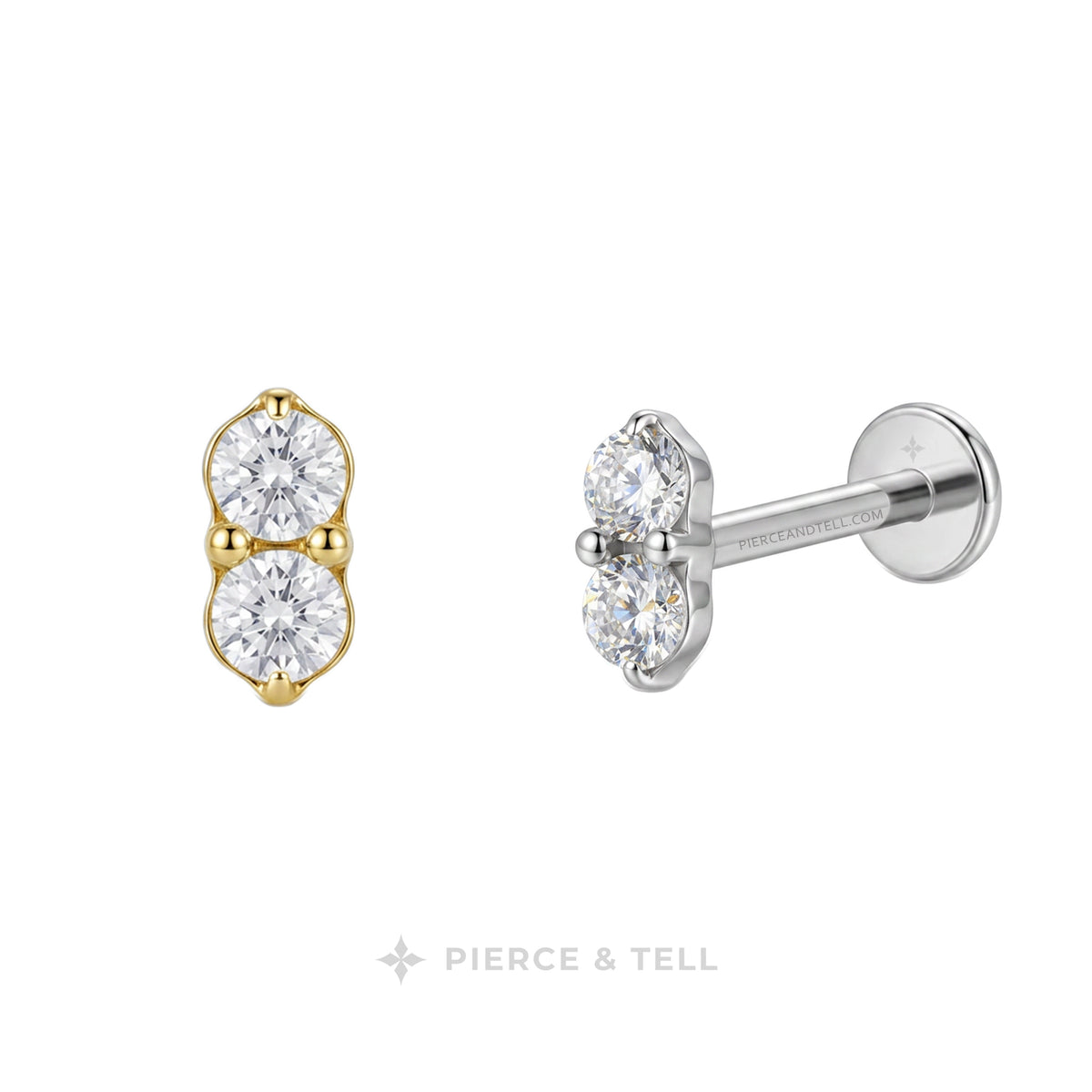 Two small stud earrings on a white background: one in yellow gold and one in silver, each featuring two round clear gemstones. The silver earring is shown from the side with a post and flat back.