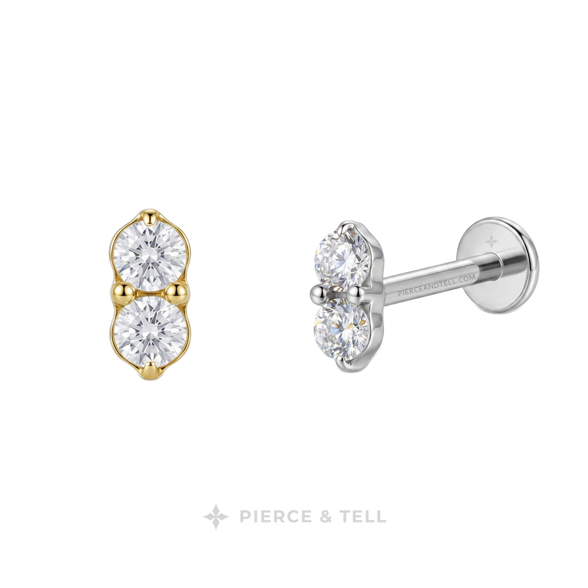 Two small stud earrings on a white background: one in yellow gold and one in silver, each featuring two round clear gemstones. The silver earring is shown from the side with a post and flat back.