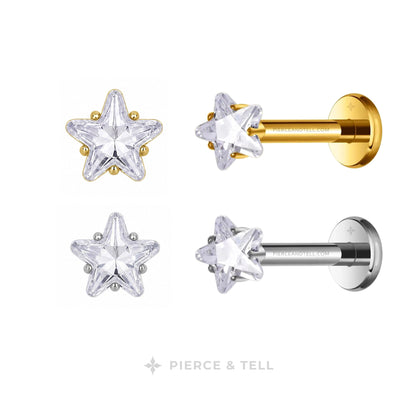 Four star-shaped stud earrings shown from front and side views, with clear faceted stones in gold and silver settings on a white background. The brand name PIERCE & TELL appears at the bottom.