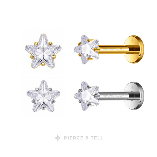 Four star-shaped stud earrings shown from front and side views, with clear faceted stones in gold and silver settings on a white background. The brand name PIERCE & TELL appears at the bottom.