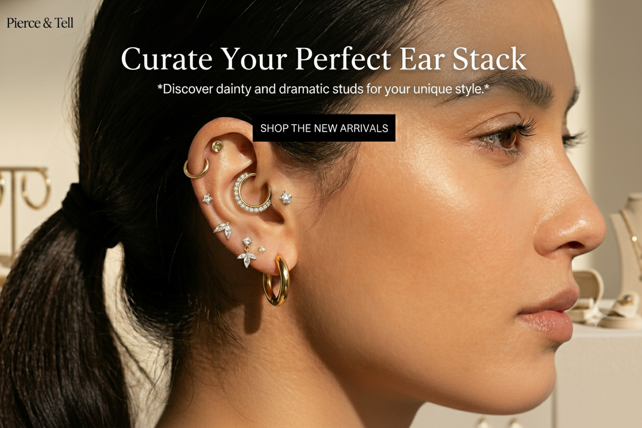 Woman wearing multiple earrings with promotional text for Pierce & Tell on a beige background
